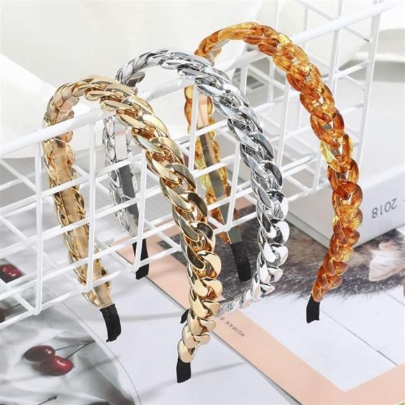 3PCS Chained Reaction Girls Inspired Hair Hoop Thick Chain Metal Resin Headband main image 2